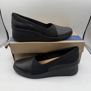 Clarks Suttyn Walk Shoes Womens Size 11 M Black Leather Wedge Slip On Comfort